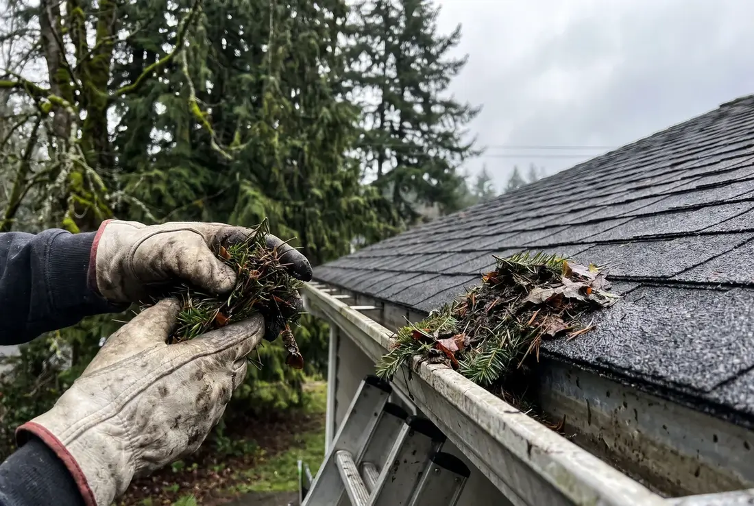 Cleaning debris out of gutters on a Vancouver home