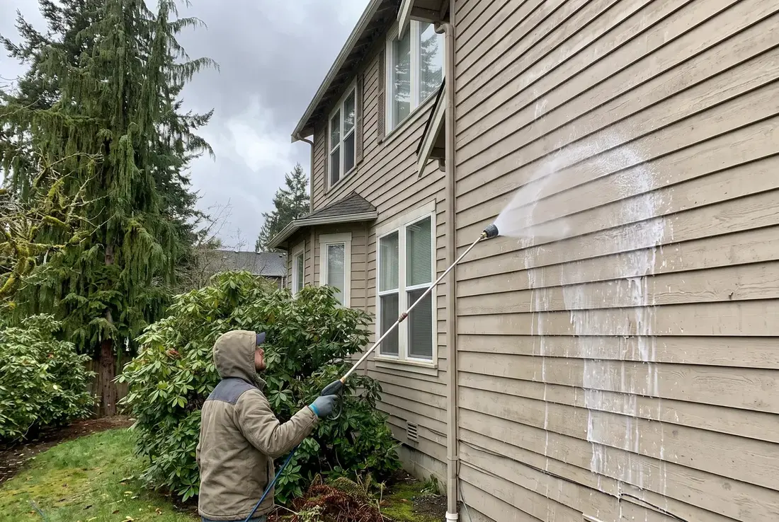 Soft washing siding on a Vancouver WA home